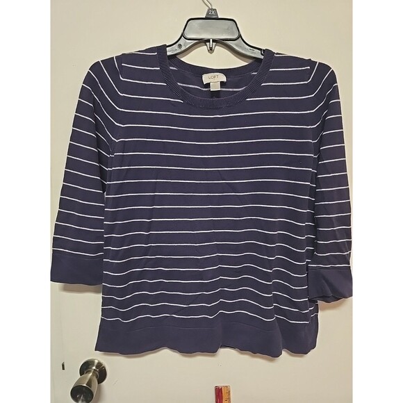 LOFT Women’s Crew Neck Knit Sweater with BLUE & WHITE Striped Blouse Back LARGE - Picture 1 of 7